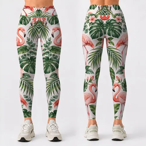 Coral Flamingos And Tropical Leaves For Resort Days And Active Getaways Leggings