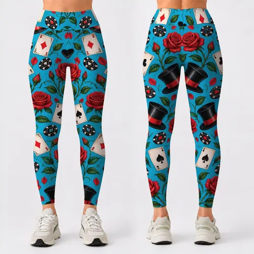 Poker Roses, Top Hats and Playing Cards for Casino Night Style and Card Game Fans Leggings