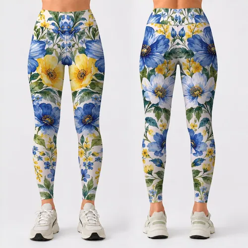 Blue Yellow Wildflowers for Sunny Yoga Days and Weekend Walks for Nature Lovers Leggings