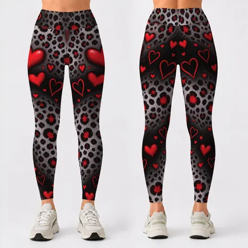 Scarlet Hearts With Charcoal Leopard Spots For Bold Gym Sessions And Weekend Style Leggings