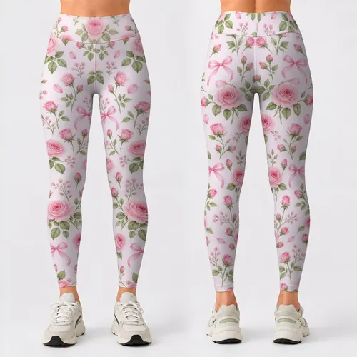 Soft Pink Rose and Ribbon Florals for Garden Days and Everyday Style for Women Leggings
