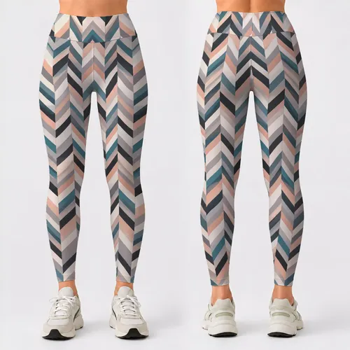 Teal Peach Herringbone Chevron for Yoga Pilates and Everyday Activewear Leggings