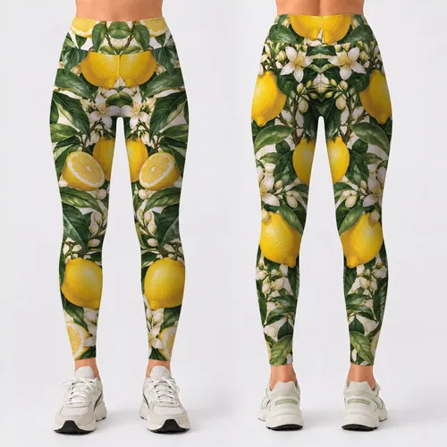 Golden Lemons and Green Leaves for Fresh Summer Yoga and Outdoor Training Leggings