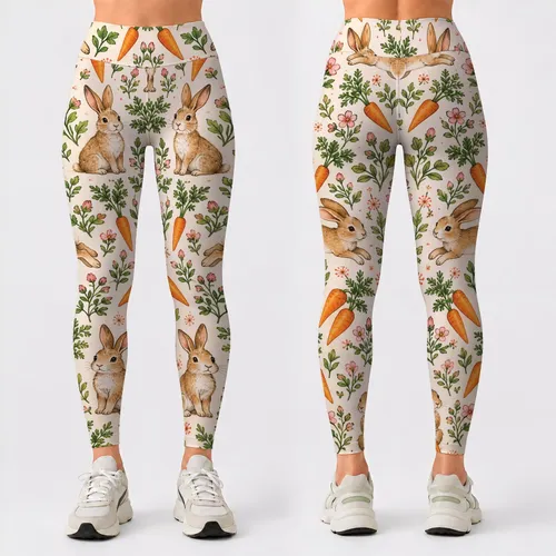 Cute Bunny Carrots and Garden Sprouts for Easter Fitness and Springtime Outdoor Fun Leggings