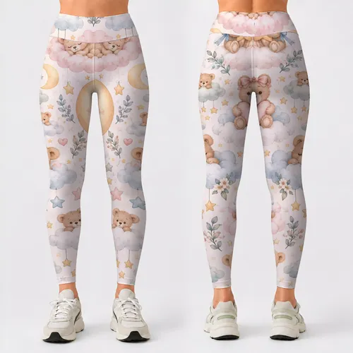 Pastel Teddy Bears, Clouds And Stars For Cozy Active Days And Playful Everyday Style Leggings