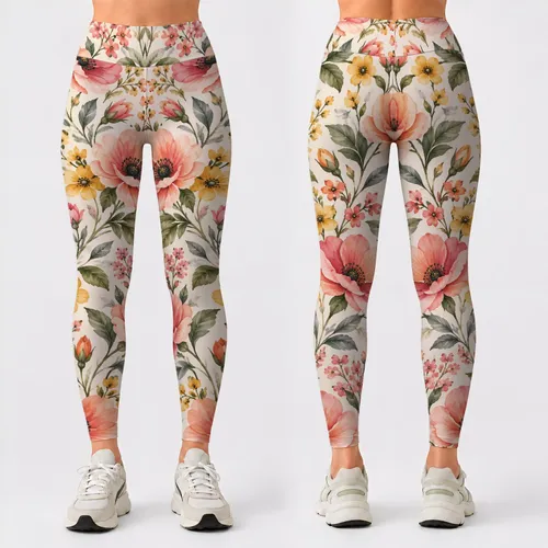 Coral Pink Wildflowers for Yoga, Running and Everyday Spring Style Leggings