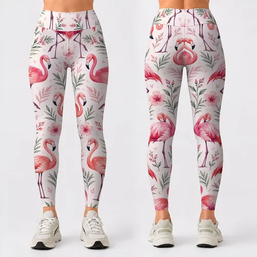Coral Flamingos on Ivory for Yoga, Pilates, Travel and Sunny Everyday Outings for Her Leggings