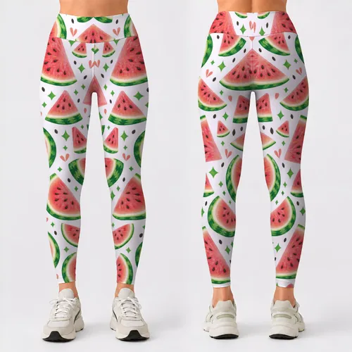 Watermelon Wedges and Green Sparkles for Sunny Summer Yoga and Weekend Fitness Days Leggings
