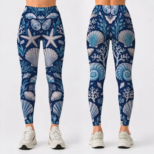 Nautical Seashells and Starfish for Coastal Yoga, Pilates and Everyday Activewear Style Leggings