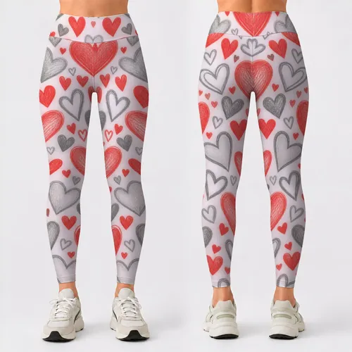 Playful Red And Silver Doodle Hearts For Everyday Romance And Cheerful Activewear Style Leggings