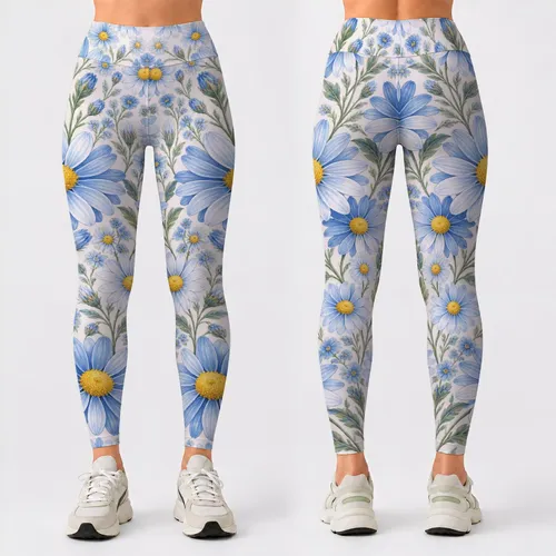 Sky Blue Daisy Blooms for Sunny Yoga Sessions, Spring Walks and Everyday Wellness Leggings