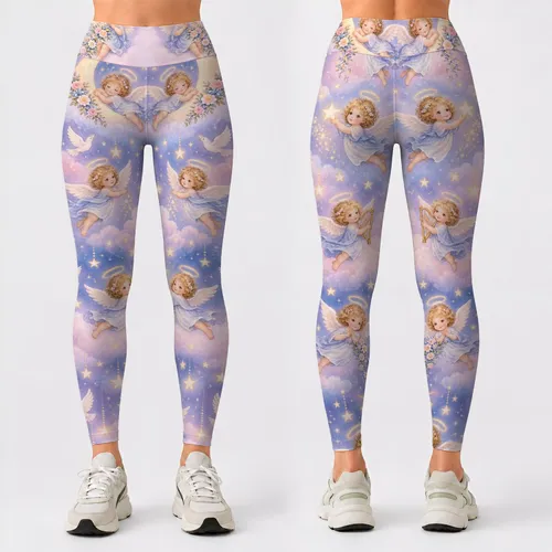 Pastel Cherub Angels with Twinkling Stars for Whimsical Everyday Style and Gifts Leggings