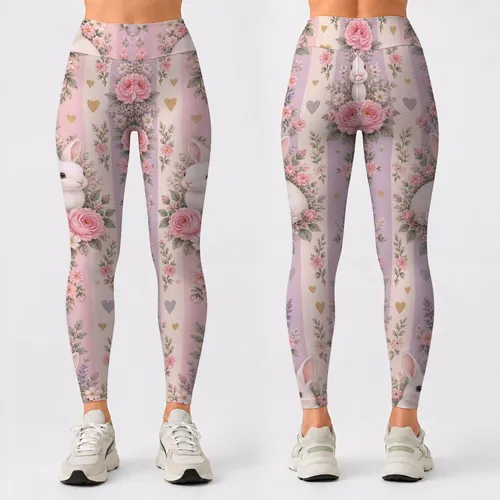 Pastel Rabbit and Rose Garden Motifs for Whimsical Springtime Casual Wear Leggings