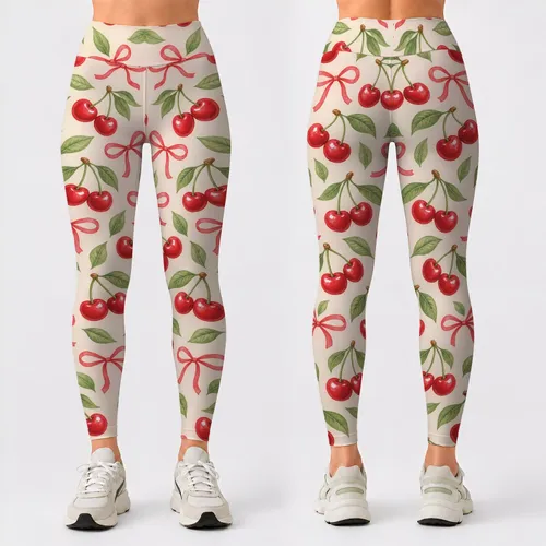 Red Cherries And Ribbon Bows For Cheerful Everyday Style And Playful Summer Outfits Leggings