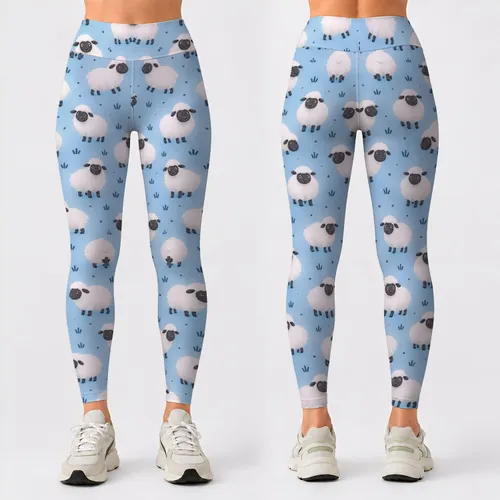Sky Blue Sheep Motifs for Playful Yoga, Gym Sessions, and Cheerful Everyday Fitness Leggings