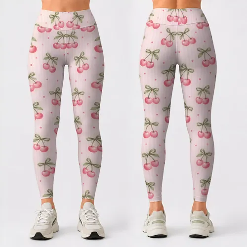 Blush Cherry and Sage Bow Motifs for Sweet Studio-to-Street Activewear Style and Yoga Days Leggings