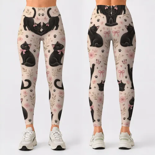 Black Cat Bow Tie Motifs for Cozy Everyday Style, Casual Outings, and Feline Fans Leggings