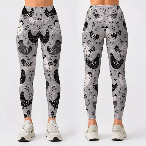 Monochrome Speckled Hens for Playful Farmhouse Style and Everyday Active Living Leggings