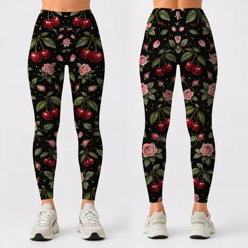 Cherry Rose Botanical Motifs for Garden Strolls and Everyday Movement Leggings