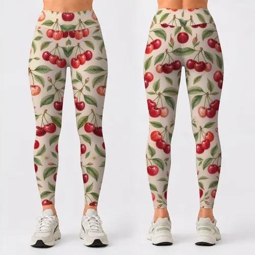 Red Cherry Sprigs for Yoga, Pilates and Everyday Casual Wear for Women Leggings