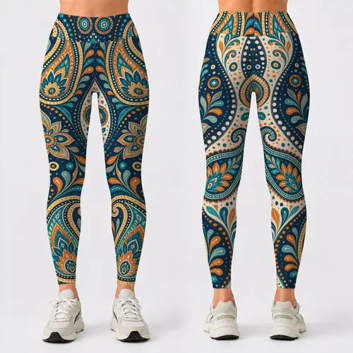 Teal Paisley and Polka Dot Motifs for Yoga, Travel and Everyday Activewear Style Leggings