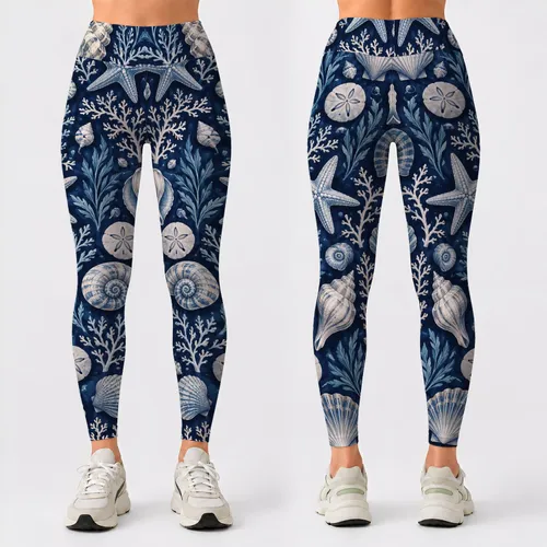 Navy Coastal Seashells, Starfish and Coral for Beach Days, Summer Travel and Ocean Lovers Leggings