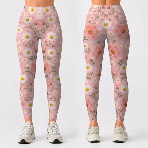 Soft Pink Daisy and Coral Bloom Motifs for Spring Fitness and Everyday Casual Style Leggings