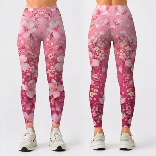Pink Ombré Wildflower Blooms for Yoga, Running and Everyday Fitness Leggings