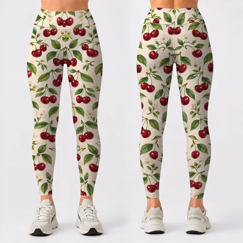Ivory Red Cherry and Green Leaf Motif for Cheerful Everyday Activewear Leggings