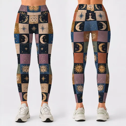 Celestial Sun And Moon Checks For Yoga, Running And Everyday Women's Activewear Style Leggings