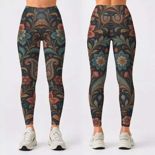 Teal Coral Paisley Floral Motifs for Yoga, Pilates, Travel and Everyday Activewear Style Leggings