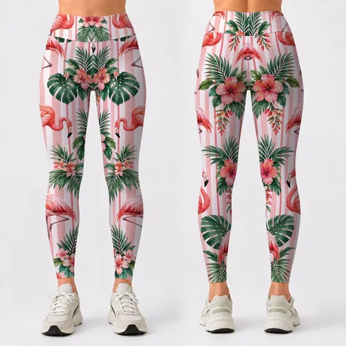 Coral Flamingo Stripes for Tropical Fitness Style and Playful Everyday Wear for Women Leggings