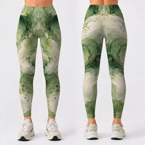 Sage Green Ink Wash Marbling for Yoga, Pilates and Everyday Wellness for Women Leggings