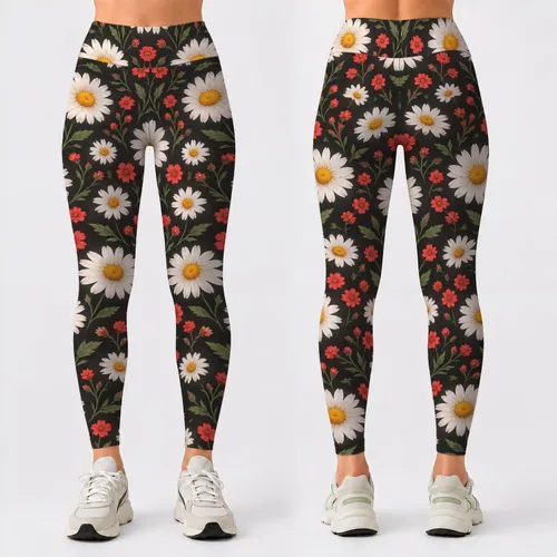 White Daisies and Scarlet Wildflowers for Yoga, Running and Everyday Activewear Leggings