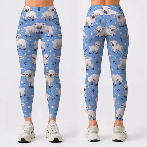 Playful White Sheep on Sky Blue for Yoga, Running and Everyday Fitness Wear for Women Leggings