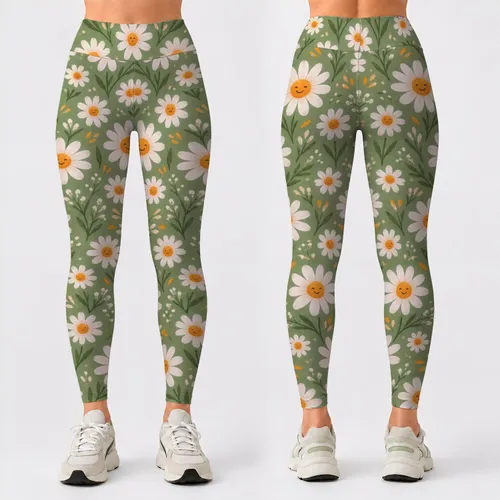 Sage Green Daisy Blooms for Outdoor Yoga and Running, Cheerful Nature Lover Style Leggings
