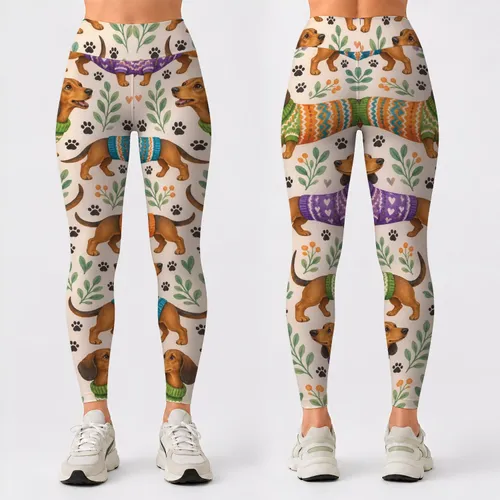Colorful Sweater-Wearing Dachshunds for Yoga, Running, and Everyday Dog-Lover Style Leggings