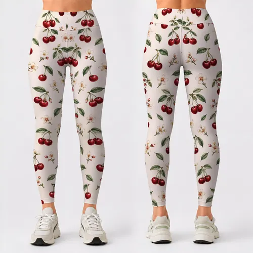 Tiny Crimson Cherries on Ivory for Cozy Autumn and Winter Lounging Leggings