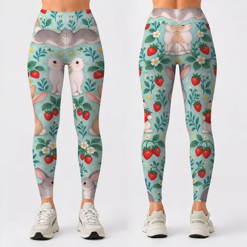 Whimsical Rabbits And Strawberries For Playful Everyday Activewear Leggings
