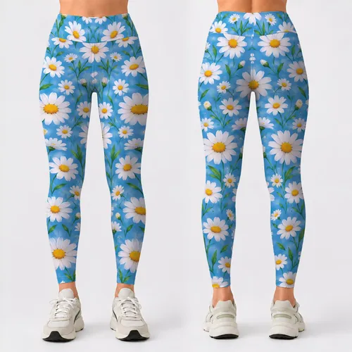 Sky Blue Daisy Blooms for Yoga, Pilates, and Everyday Springtime Style for Women Leggings