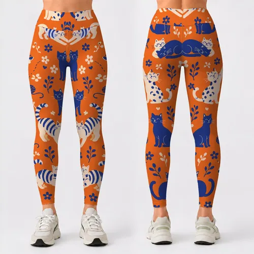 Playful Blue And Cream Cats On Tangerine For Yoga Sessions And Everyday Activewear Leggings