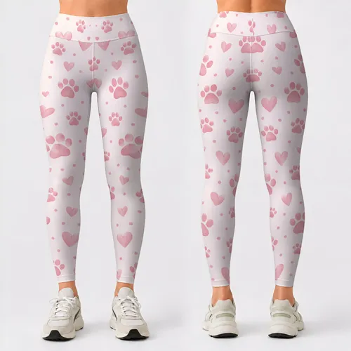 Soft Pink Hearts And Paw Motifs For Pet Lover Fitness And Everyday Athleisure For Women Leggings