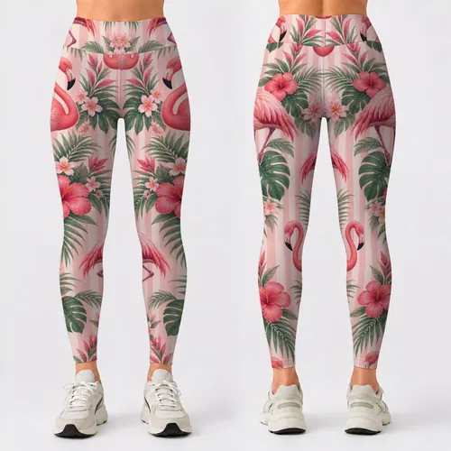 Elegant Pink Flamingos with Blush Stripes for Yoga, Running, and Everyday Activewear Leggings