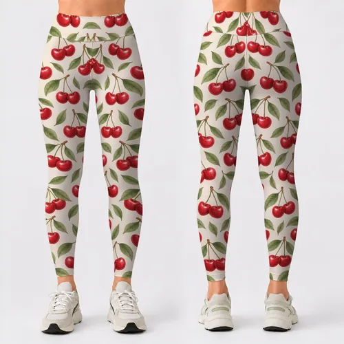 Red Cherry Motif on Cream for Yoga, Running and Everyday Activewear Leggings
