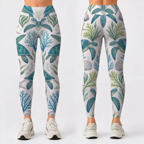 Teal Sea Turtles And Coastal Shells For Ocean-Loving Yoga And Beachside Adventures Leggings