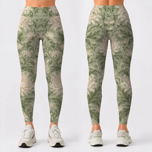 Sage Green Chrysanthemum Florals for Yoga Pilates and Everyday Wear Leggings