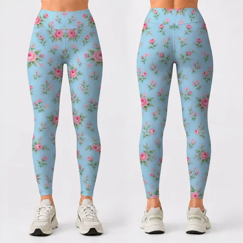 Pink Rose Sprigs on Aqua for Fresh Casual Everyday Style and Spring Outings Leggings