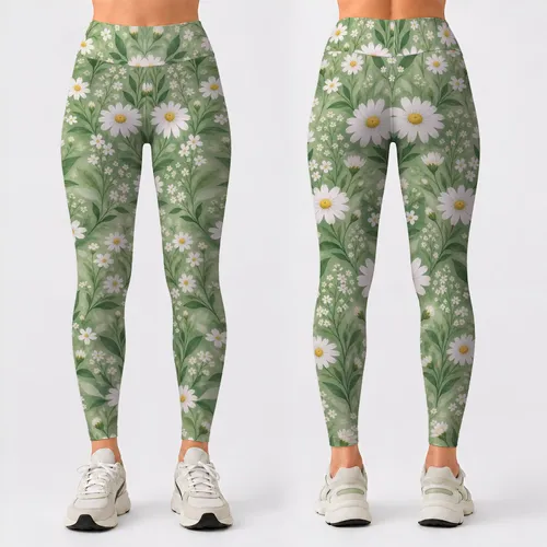 Sage Green Daisies for Spring Fitness and Everyday Activewear Style Leggings