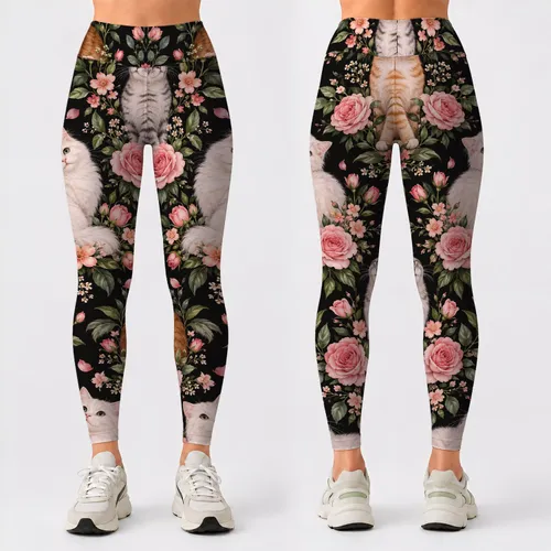 Playful Cats And Blush Roses For Cheerful Everyday Style For Cat Lover Wardrobes Leggings