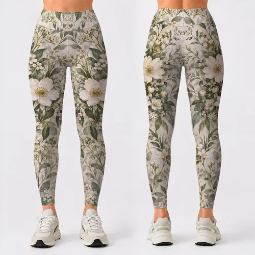 Soft Sage Botanical Florals for Calm Yoga Sessions and Everyday Studio-to-Street Style Leggings